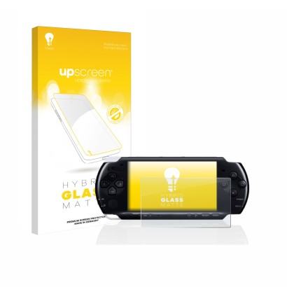 Vorderseite einer Produktverpackung mit dem Markenlogo upscreen. Daneben ist das Gerät Sony PSP 3004 mit dem zugehörigen Displ