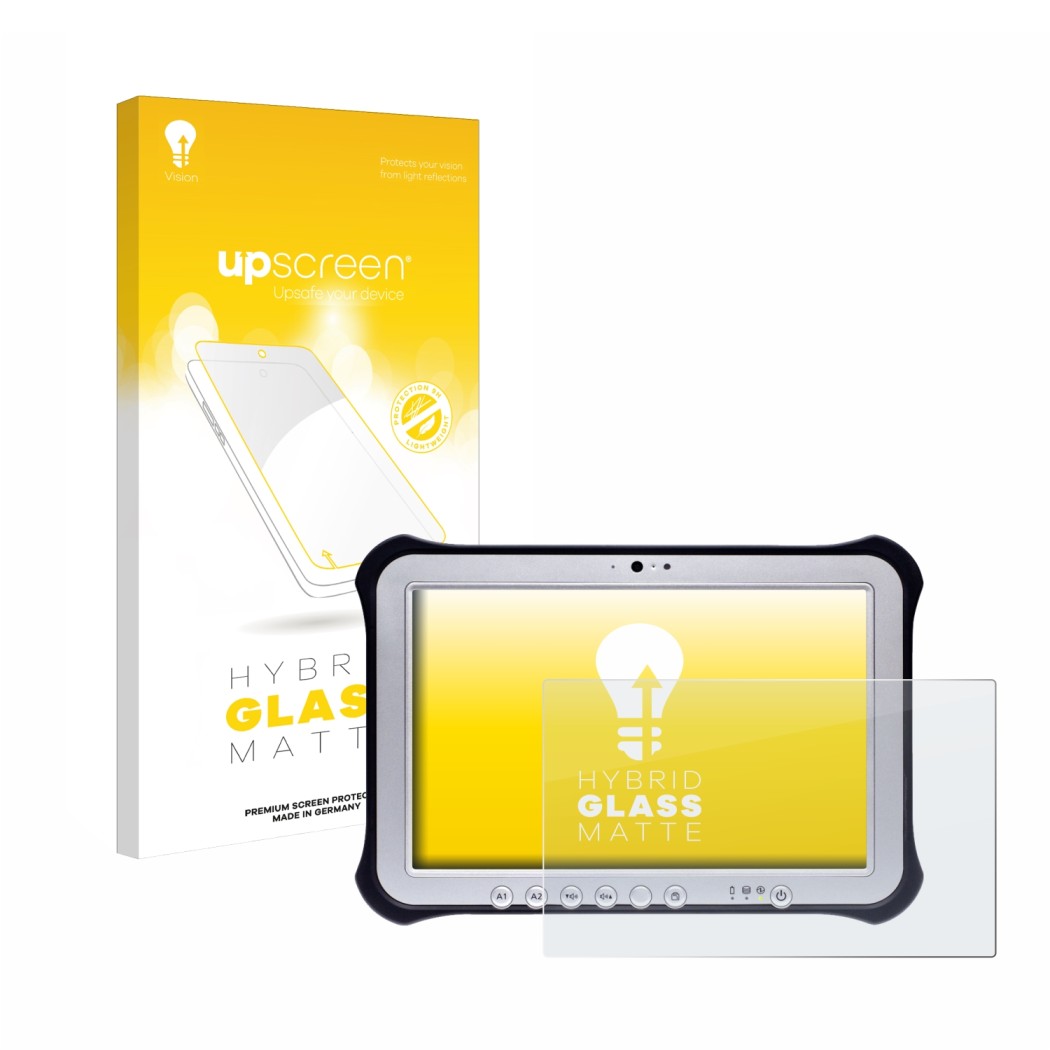 Face avant d’un emballage produit avec le logo de la marque upscreen. À côté, l’appareil Panasonic Toughpad FZ-G1 est représen