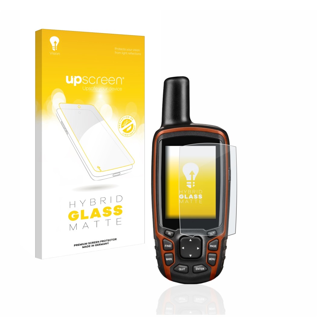 Face avant d’un emballage produit avec le logo de la marque upscreen. À côté, l’appareil Garmin GPSMAP 64s est représenté avec