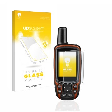 Face avant d’un emballage produit avec le logo de la marque upscreen. À côté, l’appareil Garmin GPSMAP 64s est représenté avec