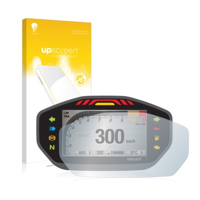 Face avant d’un emballage produit avec le logo de la marque upscreen. À côté, l’appareil Ducati Monster 1200 Colour-TFT-Displa