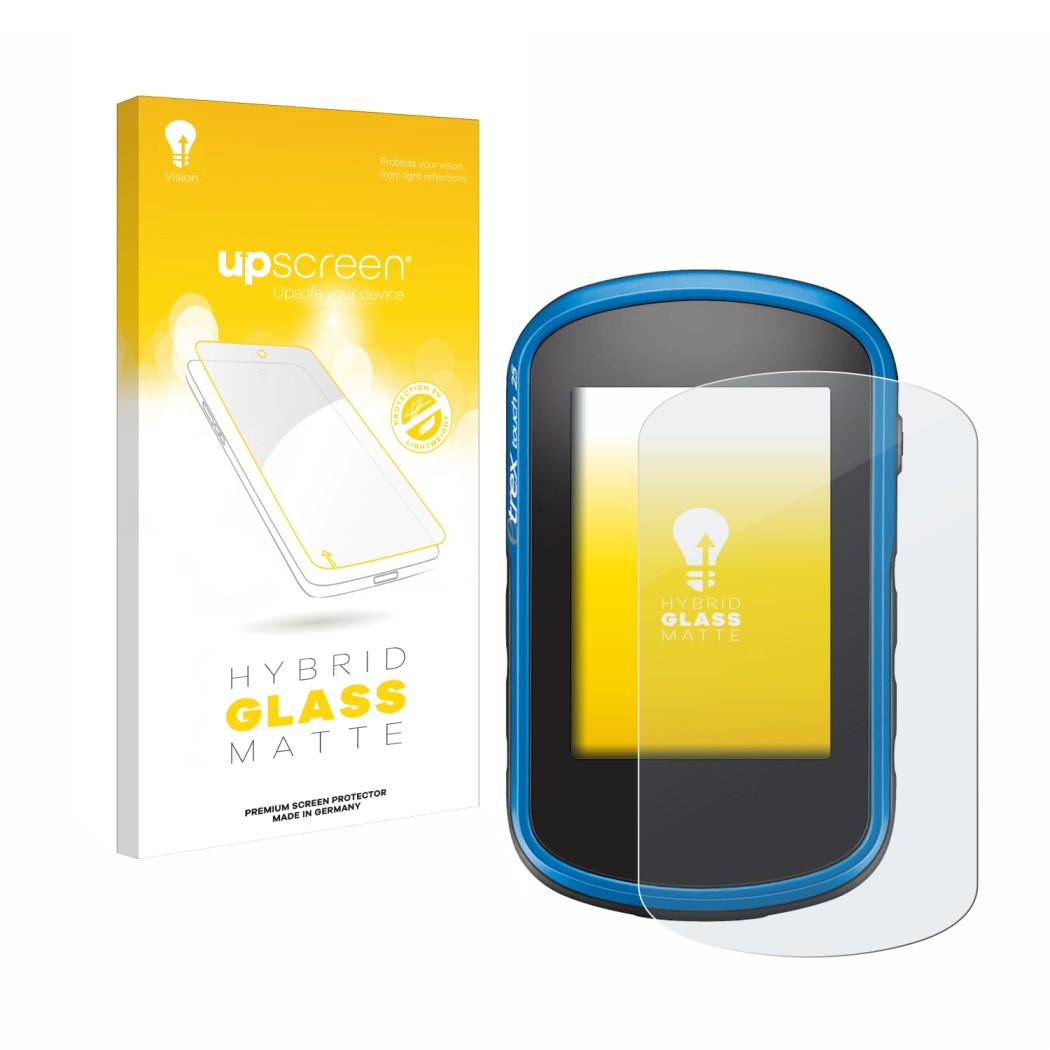 Face avant d’un emballage produit avec le logo de la marque upscreen. À côté, l’appareil Garmin eTrex Touch 35 est représenté 