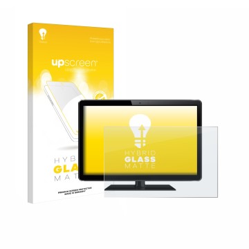 Vorderseite einer Produktverpackung mit dem Markenlogo upscreen. Daneben ist das Gerät mit dem zugehörigen Displayschutz abgeb