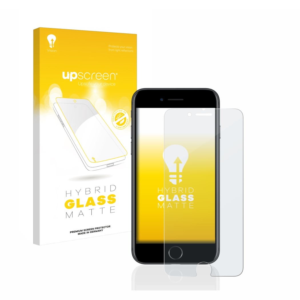 Parte frontale di una confezione del prodotto con il logo del marchio upscreen. Accanto è raffigurato il dispositivo Apple iPh