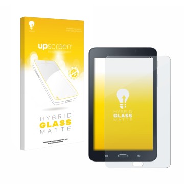Front side of a product packaging with the brand logo upscreen. Next to it is the device Samsung Galaxy Tab A6 7.0 shown with 