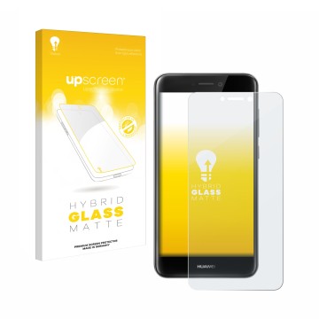 Vorderseite einer Produktverpackung mit dem Markenlogo upscreen. Daneben ist das Gerät Huawei P8 Lite 2017 mit dem zugehörigen