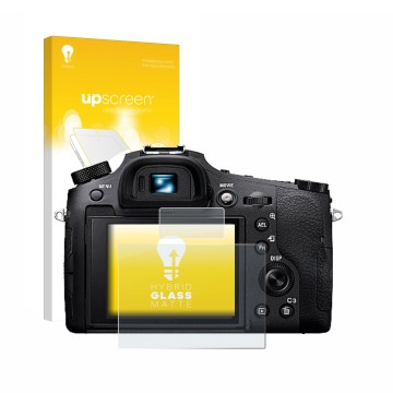 Face avant d’un emballage produit avec le logo de la marque upscreen. À côté, l’appareil Sony Cyber-Shot DSC-RX10 IV est repré