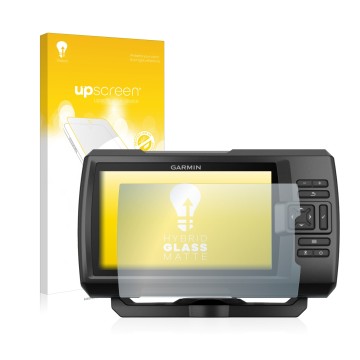 Face avant d’un emballage produit avec le logo de la marque upscreen. À côté, l’appareil Garmin Striker Plus 5cv est représent