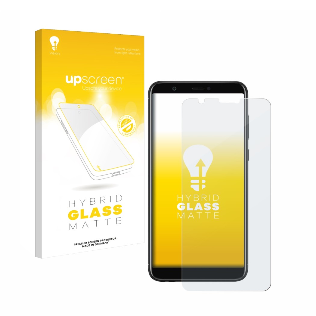 Vorderseite einer Produktverpackung mit dem Markenlogo upscreen. Daneben ist das Gerät Huawei P smart 2018 mit dem zugehörigen