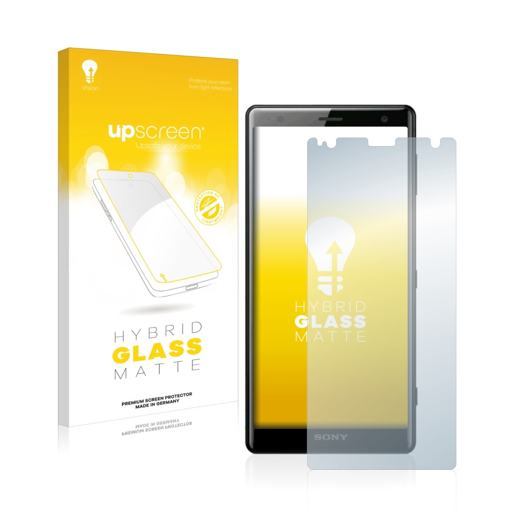 Parte frontale di una confezione del prodotto con il logo del marchio upscreen. Accanto è raffigurato il dispositivo Sony Xper