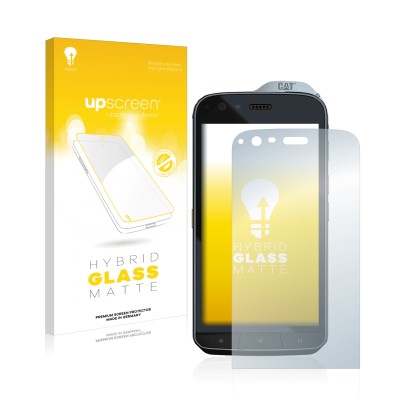 Parte frontal de un envase de producto con el logotipo de la marca upscreen. Al lado se muestra el dispositivo Caterpillar Cat