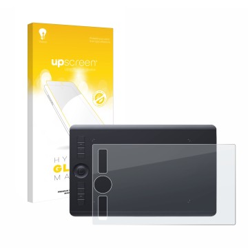 Parte frontale di una confezione del prodotto con il logo del marchio upscreen. Accanto è raffigurato il dispositivo Wacom Int