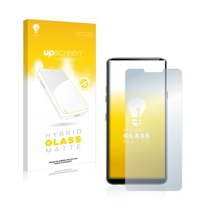 Parte frontal de un envase de producto con el logotipo de la marca upscreen. Al lado se muestra el dispositivo LG G7 ThinQ con