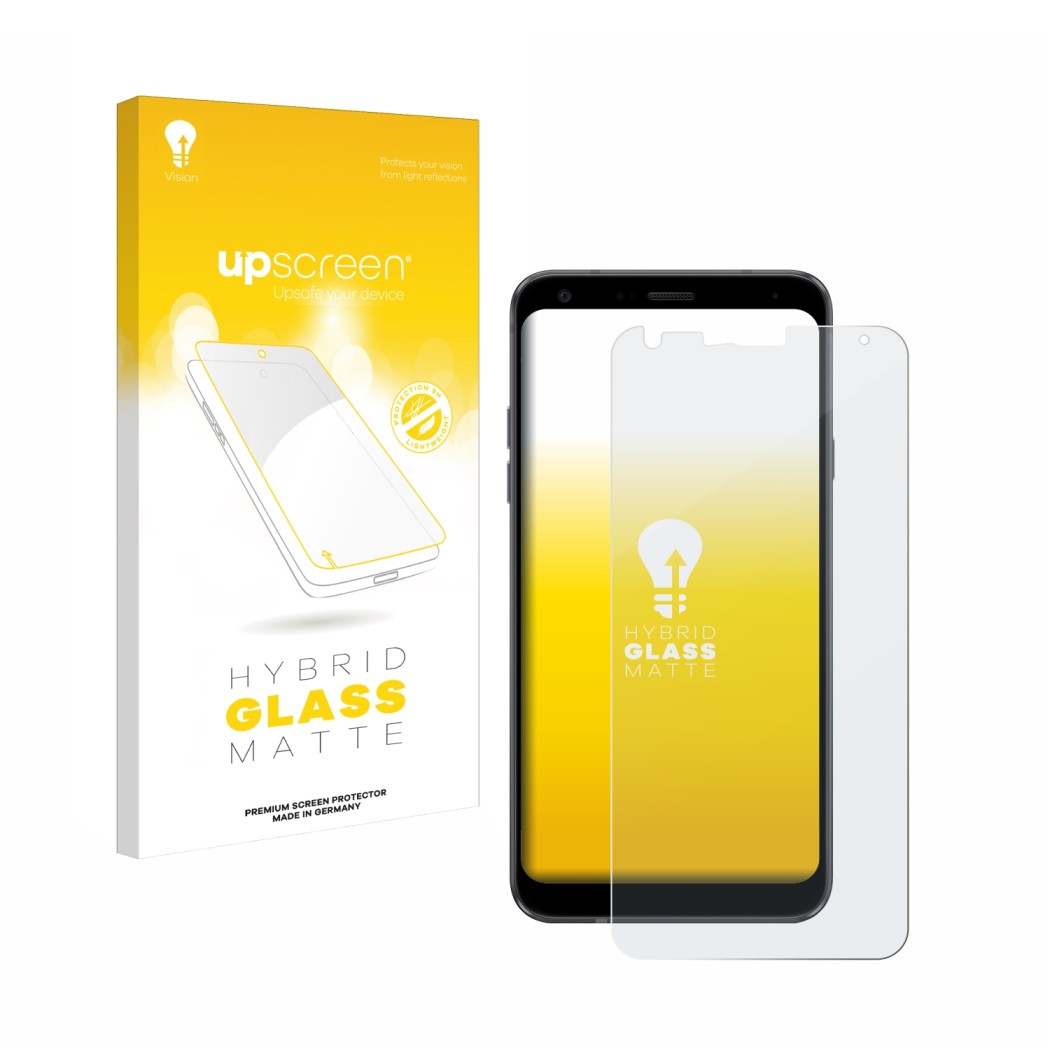 Face avant d’un emballage produit avec le logo de la marque upscreen. À côté, l’appareil LG Q7 est représenté avec la protecti