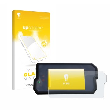 Parte frontal de un envase de producto con el logotipo de la marca upscreen. Al lado se muestra el dispositivo KTM 125 / 390 D