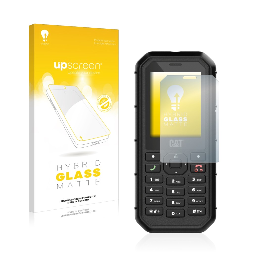 Face avant d’un emballage produit avec le logo de la marque upscreen. À côté, l’appareil Caterpillar Cat B26 est représenté av