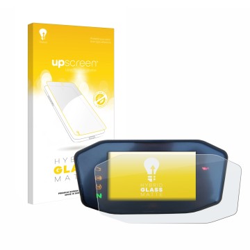 Parte frontal de un envase de producto con el logotipo de la marca upscreen. Al lado se muestra el dispositivo KTM 890 Duke R 