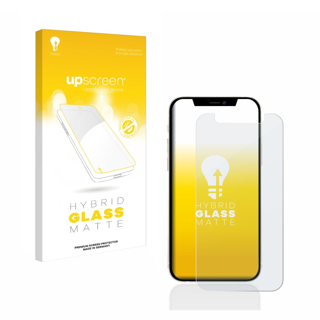 Front side of a product packaging with the brand logo upscreen. Next to it is the device Apple iPhone 12 mini shown with the c