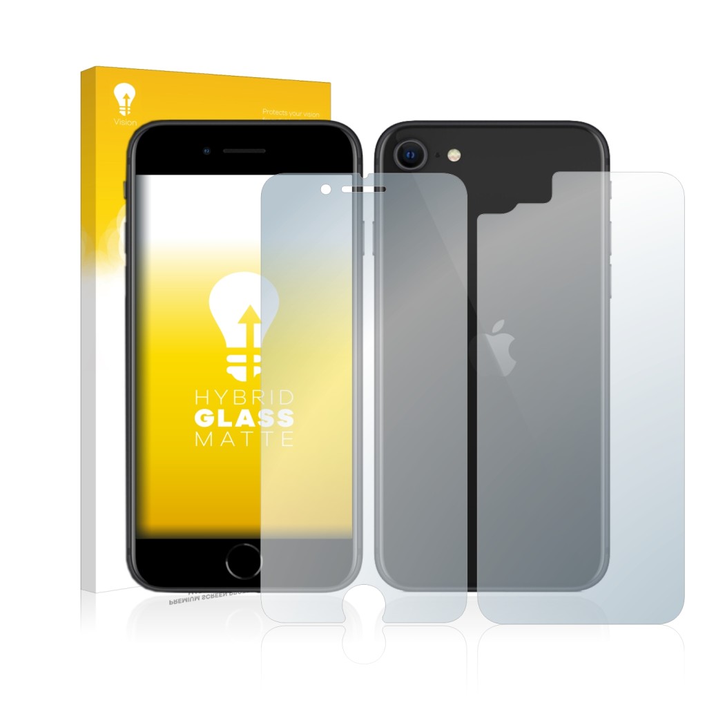 Parte frontal de un envase de producto con el logotipo de la marca upscreen. Al lado se muestra el dispositivo Apple iPhone SE