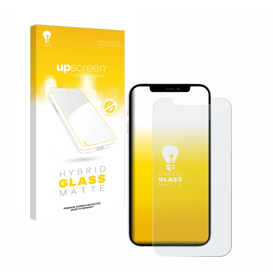 Vorderseite einer Produktverpackung mit dem Markenlogo upscreen. Daneben ist das Gerät Apple iPhone 12 mit dem zugehörigen Dis