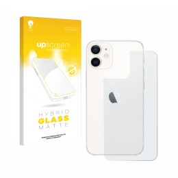 Parte frontal de un envase de producto con el logotipo de la marca upscreen. Al lado se muestra el dispositivo Apple iPhone 12