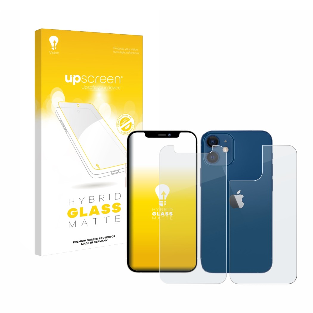 Parte frontal de un envase de producto con el logotipo de la marca upscreen. Al lado se muestra el dispositivo Apple iPhone 12