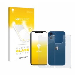 Parte frontal de un envase de producto con el logotipo de la marca upscreen. Al lado se muestra el dispositivo Apple iPhone 12