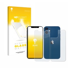 Vorderseite einer Produktverpackung mit dem Markenlogo upscreen. Daneben ist das Gerät Apple iPhone 12 (Display+Rückseite) mit
