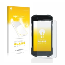 Parte frontal de un envase de producto con el logotipo de la marca upscreen. Al lado se muestra el dispositivo Zebra TC21 con 