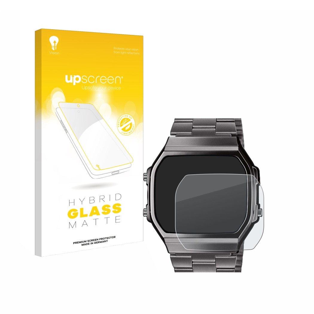 Parte frontale di una confezione del prodotto con il logo del marchio upscreen. Accanto è raffigurato il dispositivo Casio A16