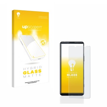 Parte frontale di una confezione del prodotto con il logo del marchio upscreen. Accanto è raffigurato il dispositivo Sony Xper