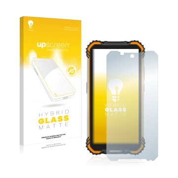 Parte frontale di una confezione del prodotto con il logo del marchio upscreen. Accanto è raffigurato il dispositivo Doogee S5