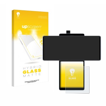 Parte frontal de un envase de producto con el logotipo de la marca upscreen. Al lado se muestra el dispositivo LG Wing (Pantal