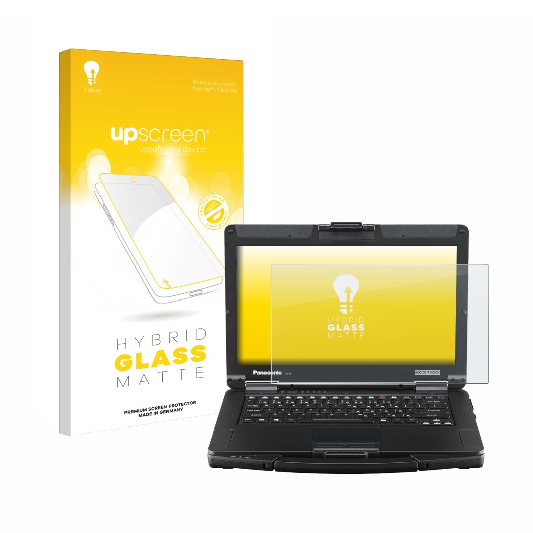 Parte frontal de un envase de producto con el logotipo de la marca upscreen. Al lado se muestra el dispositivo Panasonic Tough