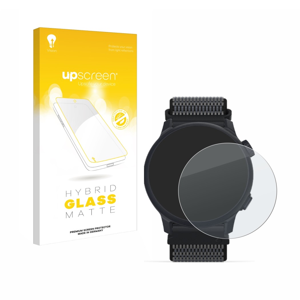 Parte frontal de un envase de producto con el logotipo de la marca upscreen. Al lado se muestra el dispositivo Coros Pace 2 co