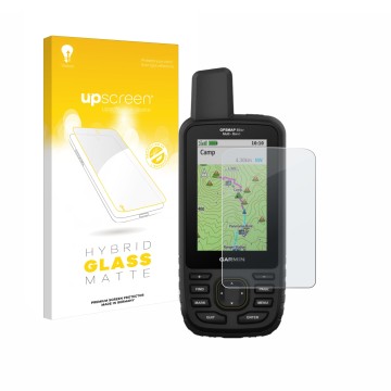 Face avant d’un emballage produit avec le logo de la marque upscreen. À côté, l’appareil Garmin GPSMAP 66sr est représenté ave
