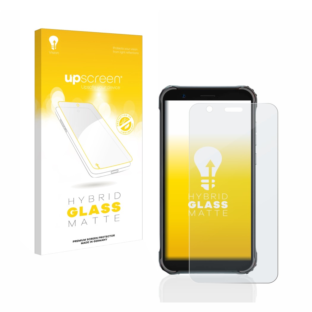 Face avant d’un emballage produit avec le logo de la marque upscreen. À côté, l’appareil Blackview BV4900 Pro est représenté a