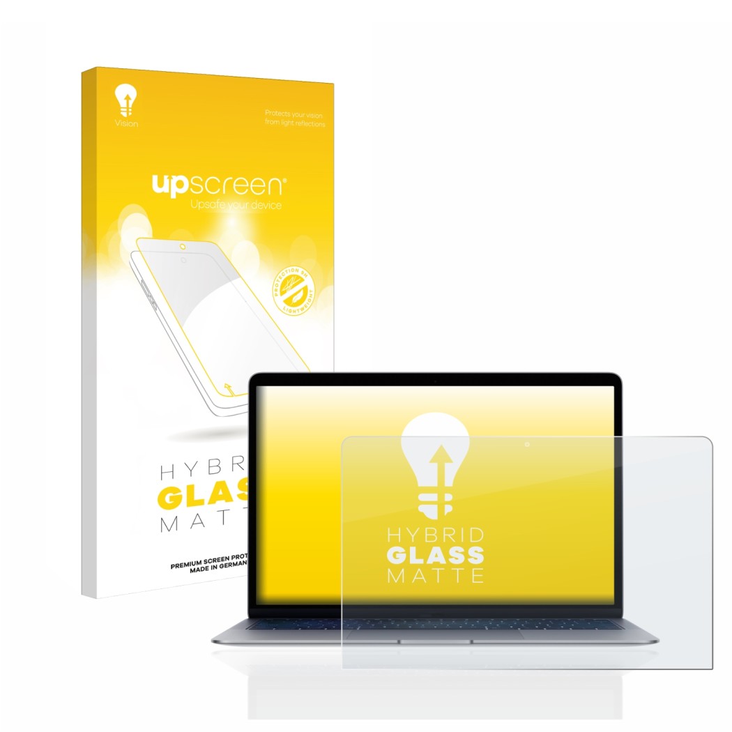 Vorderseite einer Produktverpackung mit dem Markenlogo upscreen. Daneben ist das Gerät Apple MacBook Air 13