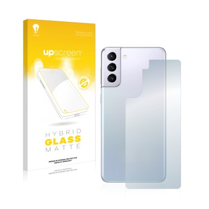 Parte frontal de un envase de producto con el logotipo de la marca upscreen. Al lado se muestra el dispositivo Samsung Galaxy 