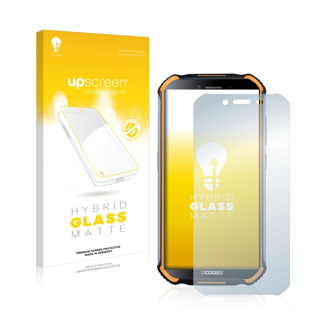 Face avant d’un emballage produit avec le logo de la marque upscreen. À côté, l’appareil Doogee S40 Pro est représenté avec la