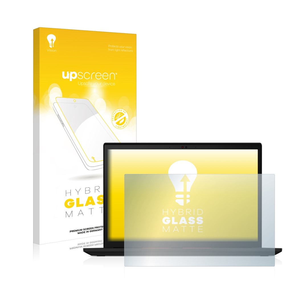 Face avant d’un emballage produit avec le logo de la marque upscreen. À côté, l’appareil Lenovo ThinkPad X13 Gen 2 est représe