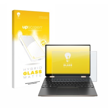 Vorderseite einer Produktverpackung mit dem Markenlogo upscreen. Daneben ist das Gerät HP Spectre x360 (14-eX) 2021 mit dem zu