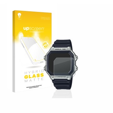 Parte frontale di una confezione del prodotto con il logo del marchio upscreen. Accanto è raffigurato il dispositivo Casio AE-