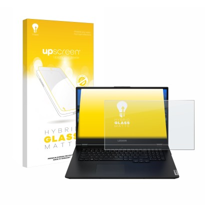 Vorderseite einer Produktverpackung mit dem Markenlogo upscreen. Daneben ist das Gerät Lenovo Legion 5 15.6" mit dem zugehörig