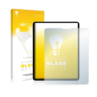 Parte frontal de un envase de producto con el logotipo de la marca upscreen. Al lado se muestra el dispositivo Apple iPad Pro 