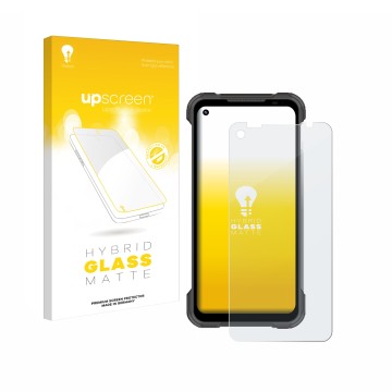 Parte frontal de un envase de producto con el logotipo de la marca upscreen. Al lado se muestra el dispositivo Doogee S97 Pro 