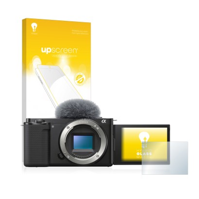 Parte frontale di una confezione del prodotto con il logo del marchio upscreen. Accanto è raffigurato il dispositivo Sony Alph