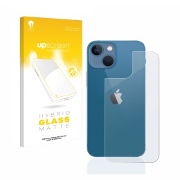 Parte frontal de un envase de producto con el logotipo de la marca upscreen. Al lado se muestra el dispositivo Apple iPhone 13