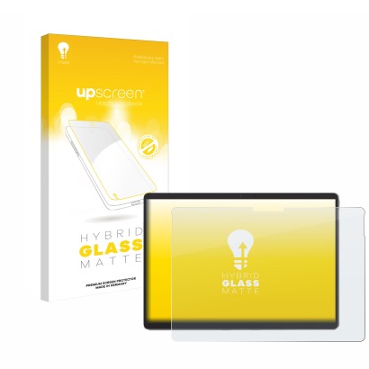 Parte frontal de un envase de producto con el logotipo de la marca upscreen. Al lado se muestra el dispositivo Microsoft Surfa