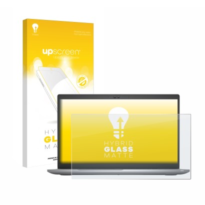 Parte frontal de un envase de producto con el logotipo de la marca upscreen. Al lado se muestra el dispositivo Dell Latitude 5